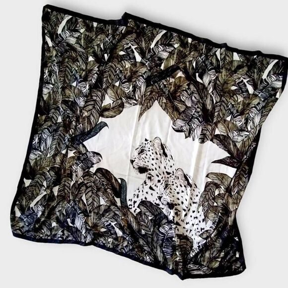 Saks Fifth Ave Scarf Leopard Black White Green Large 62"x 58" Silk - Picture 1 of 5